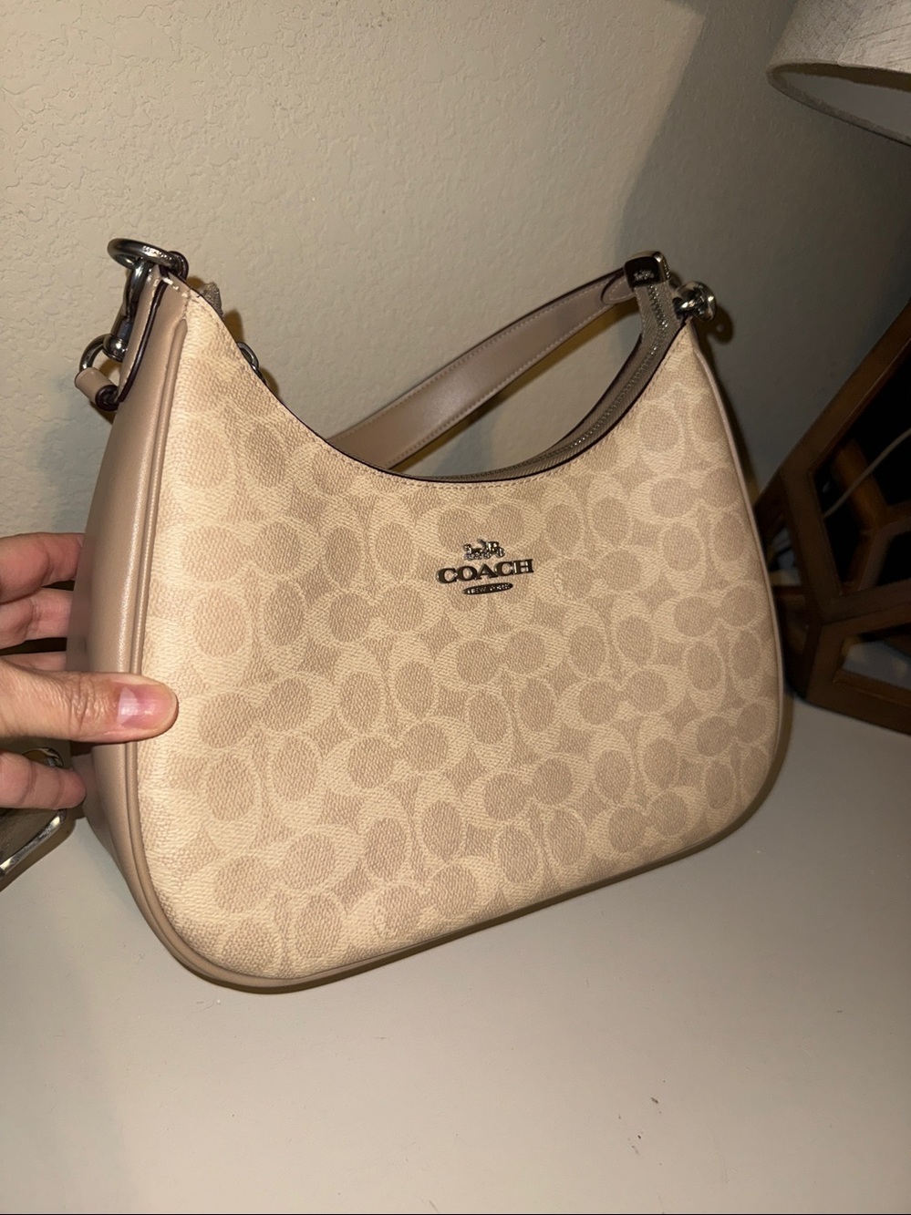 Coach Signature Pebbled Shoulder Bag in Light Taupe - Picture 12 of 16